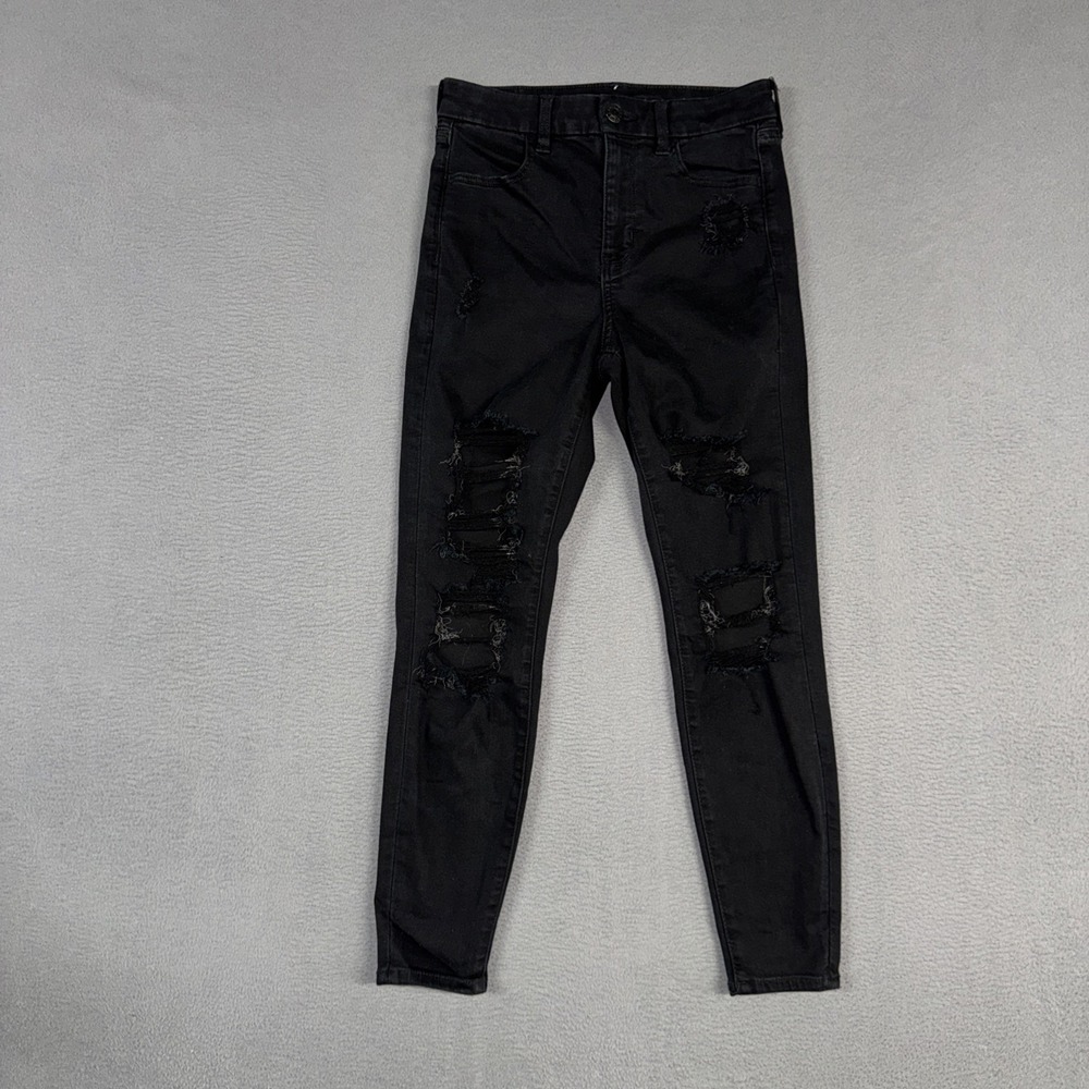 American Eagle Jeans Womens 4 Short Black Curvy Hi Rise Jegging Distressed Denim